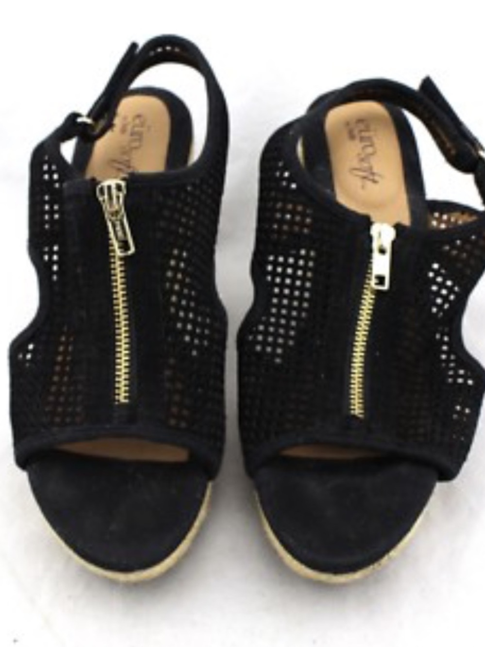EURO SOFT BY SOFFT Black Suede Leather Perforated Raffia Wedges Sandals 8.5